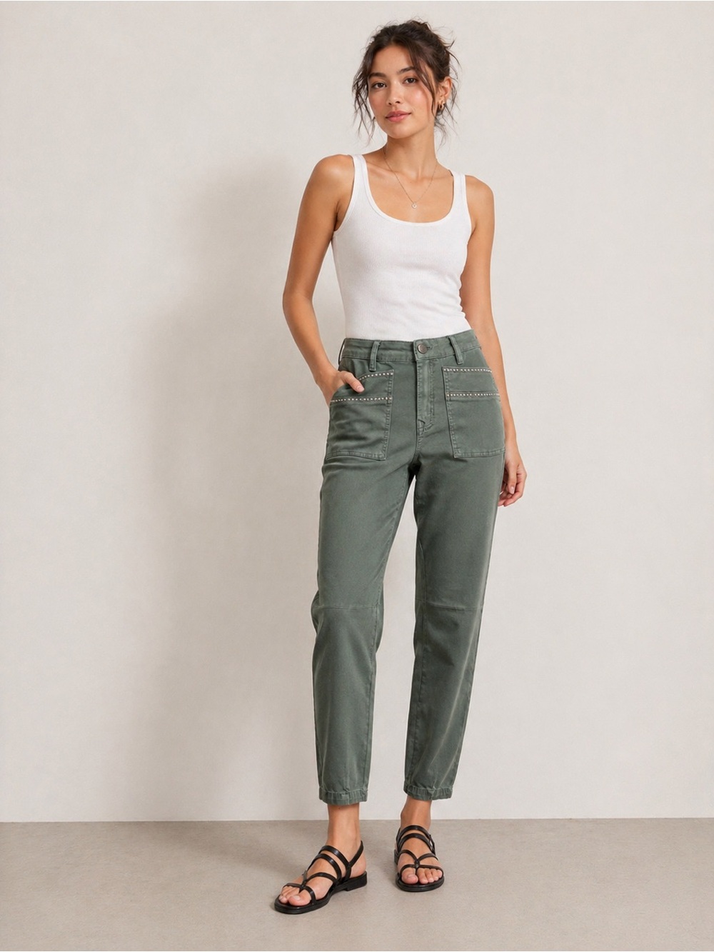 FDJ Olivia Slim Ankle Pants | Stud Detail | Olive “Silver Pine” | Size 4 NWT